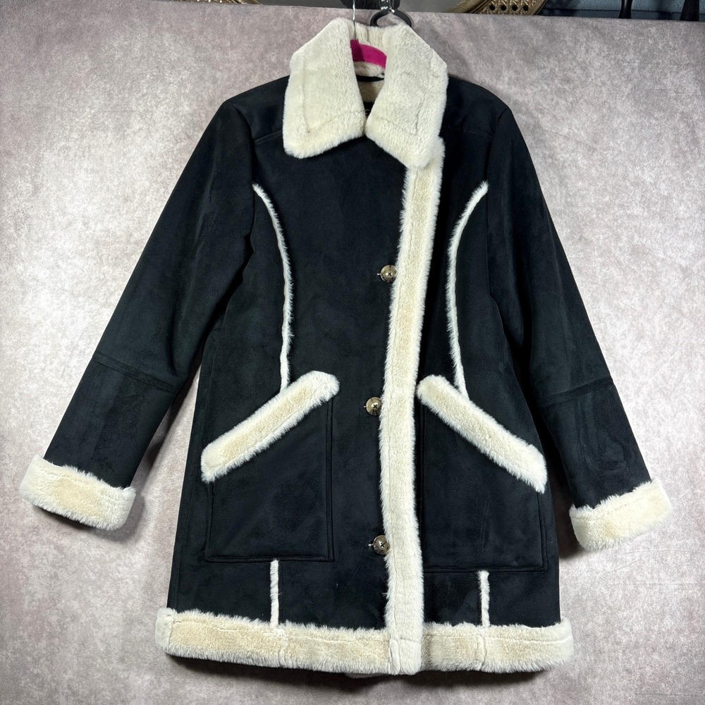 Hollister Coat Women Medium Black Sherpa Lined Faux Suede Fur Trim Winter Jacket